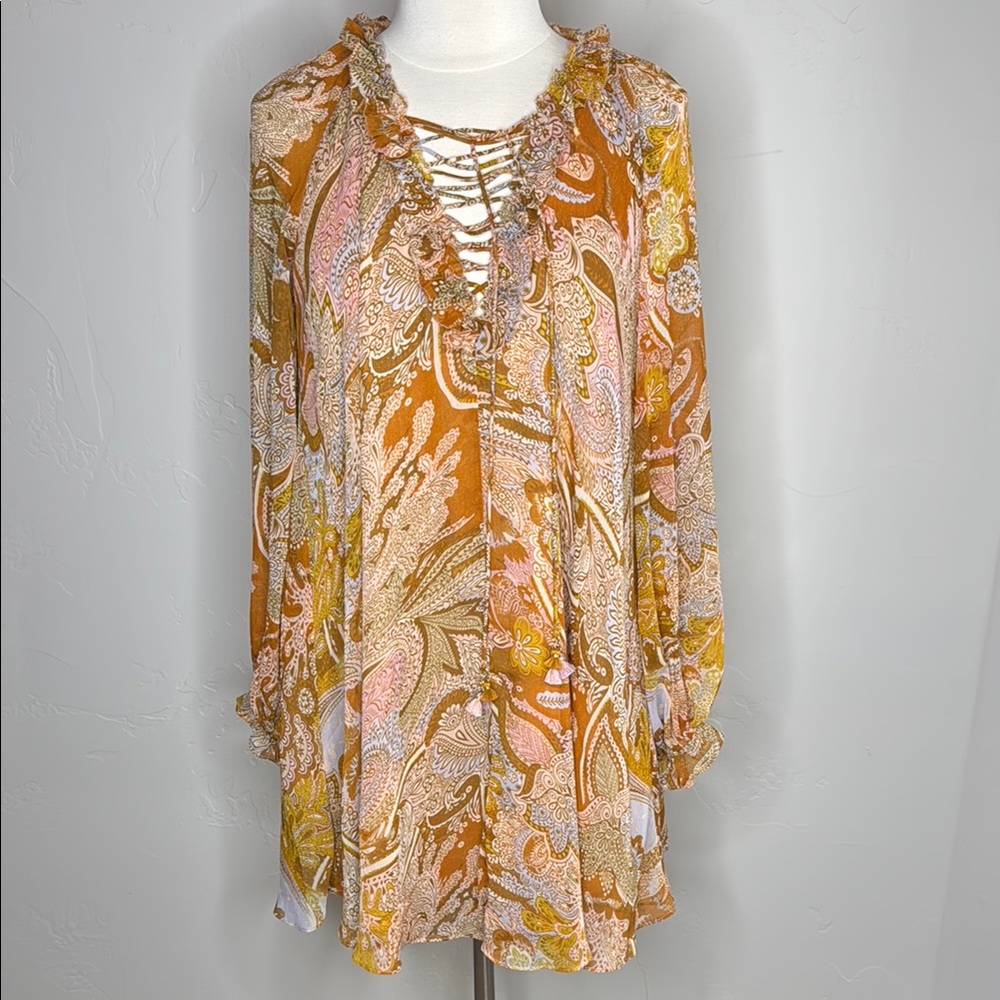 House Of Harlow 1960 Bohemian Paisley Long Sleeve Lace-Up Dress